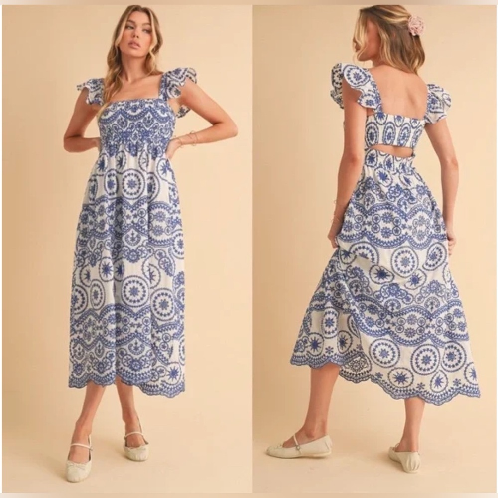 EUC SundayUp Chatham Eyelet Embroidered Cutout Midi Dress